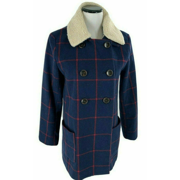Old Navy Jacket Womens Small Peacoat Buttons Double Breasted Navy Red Plaid Coat - Picture 1 of 9